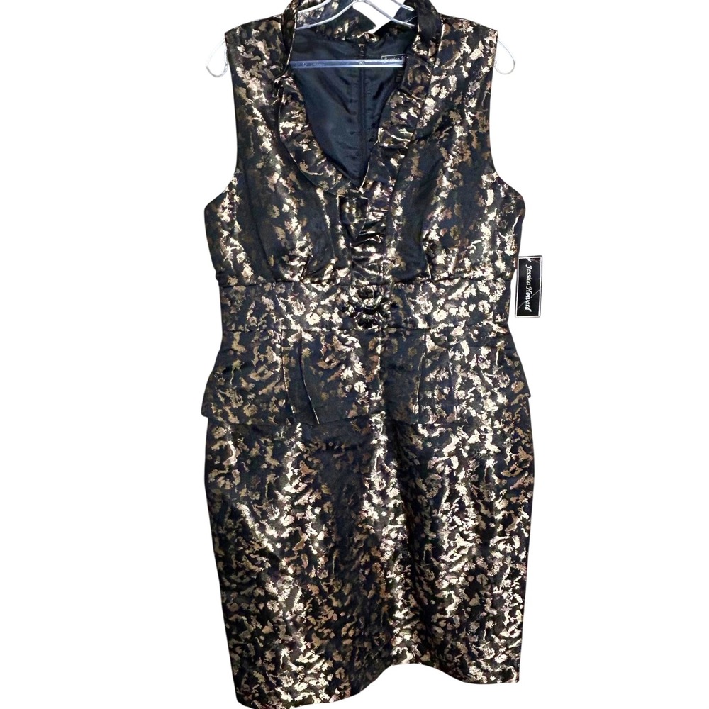 Jessica Howard Women 14 New Taupe Black Metallic Brocade Peplum Dress formal